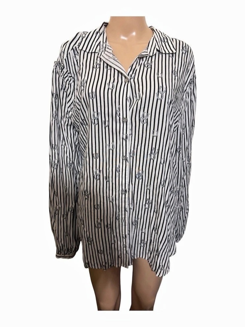 Cruel denim Striped Rayon horseshoe Button Down White & Black XL